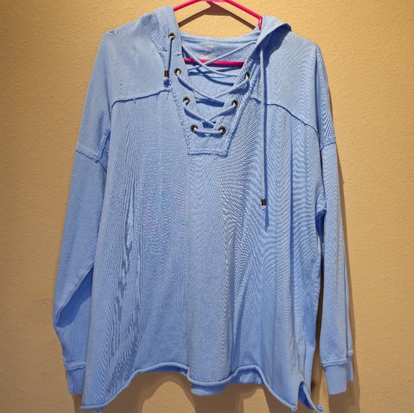 aerie Tops - Aerie Lace Up Oversized Hooded Sweatshirt Light Blue Size Small